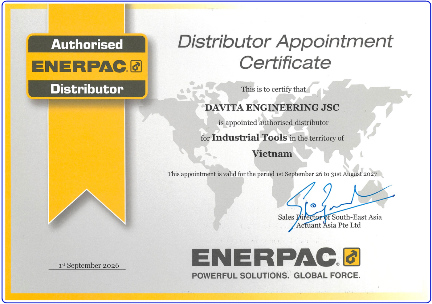DAVITA Chứng nhận Đại lý Ủy quyền Enerpac 2026-2027