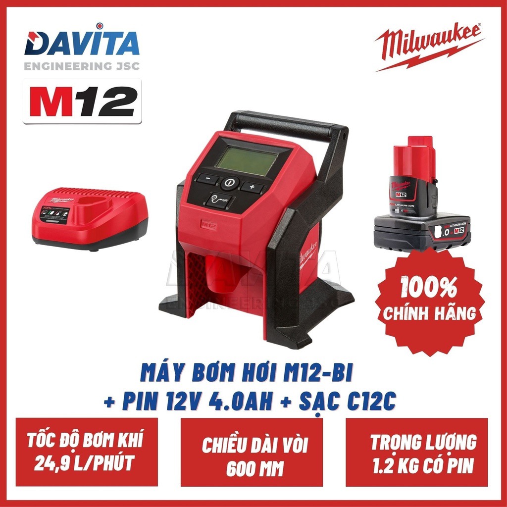 Nguyên bộ Máy bơm hơi dùng pin M12 BI Milwaukee SET (kèm pin M12B4 và sạc C12C)