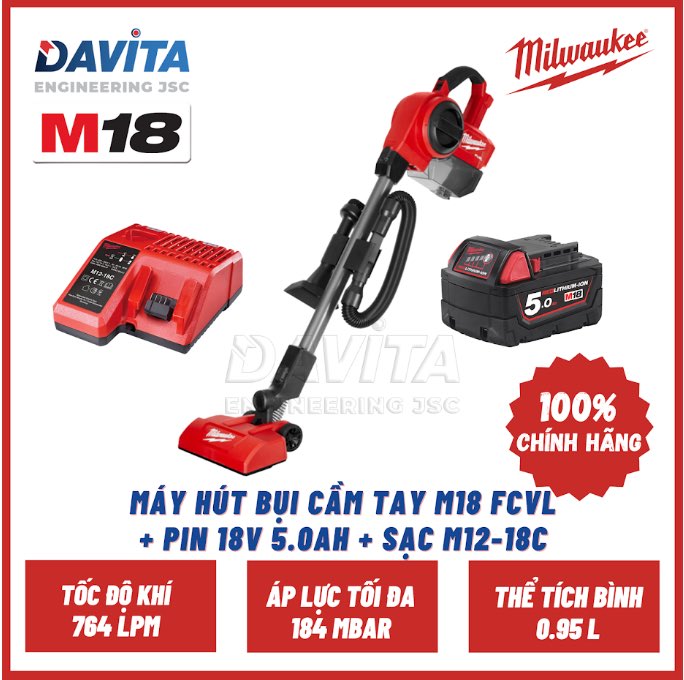 Nguyên bộ Máy hút bụi đa năng loại lớn Milwaukee M18 FCVL SET (bao gồm pin 5Ah và Sạc)