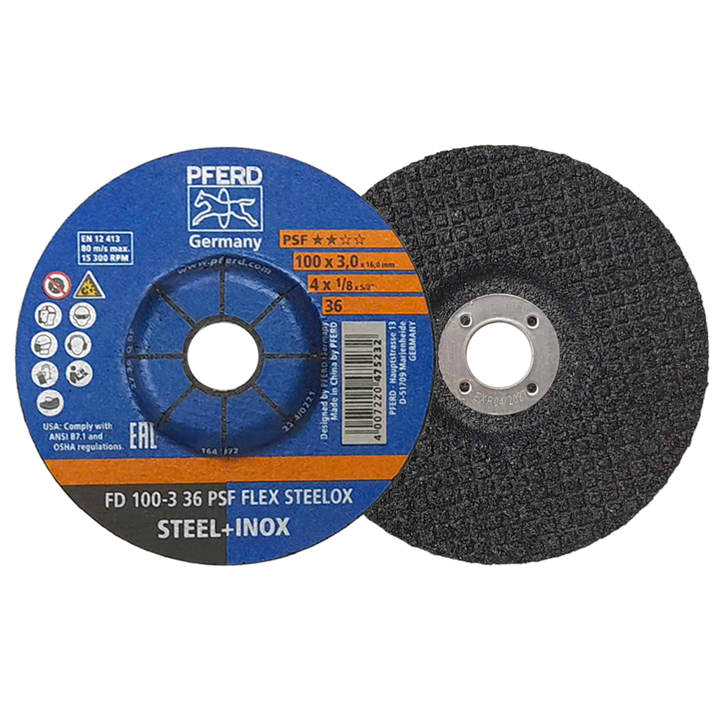 Pferd grinding disc FD 100-3 A36, size 4 inch PSF FLEX STEELOX/16 – 45730
