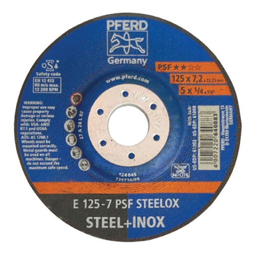 PFERD Grinding disc 5 inch, size 125x7x22.23mm, PSF STEELOX, code 640883