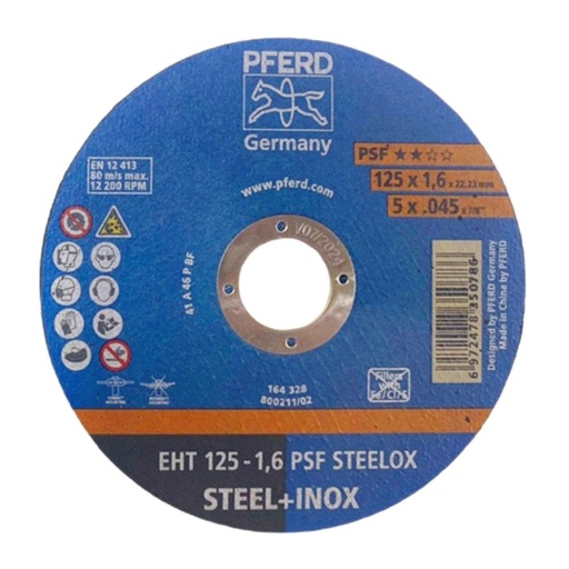 PFERD cutting disc 5 inch, size 125x1.6x22.23mm, EHT 125-1,6 PSF STEELOX, code 350786
