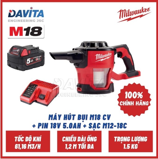 Nguyên bộ Máy hút bụi M18 CV Milwaukee SET (kèm pin 5Ah và Sạc)